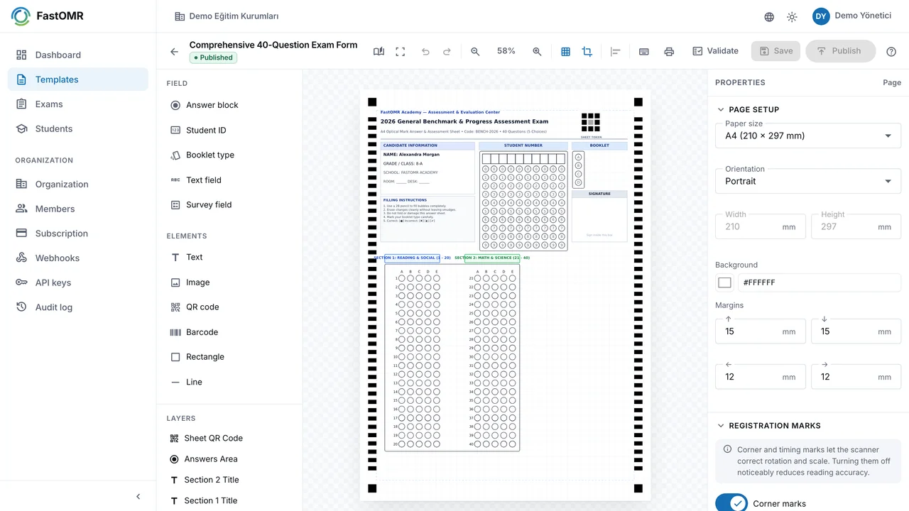 FastOMR Form Designer Canvas with bubble sheets