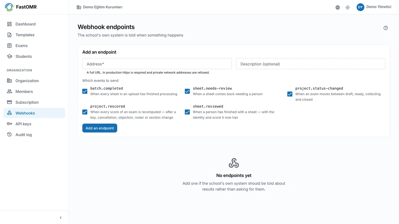 FastOMR Developer Webhooks and API