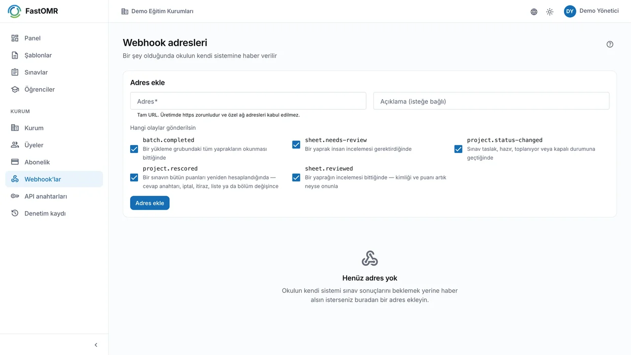 FastOMR Geliştirici Webhook ve API Ekranı